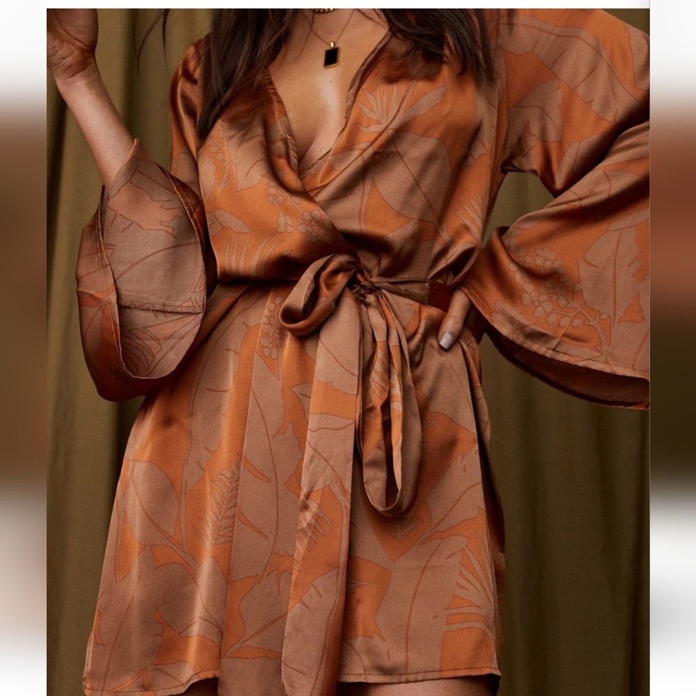 12th Tribe Brown Satin Robe with Flowing Sleeves